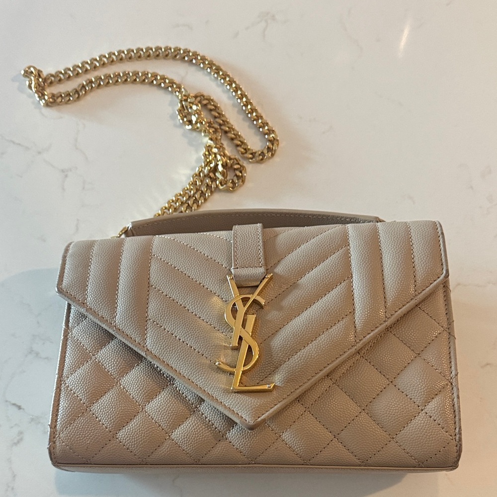 Yves Saint Laurent Quilted Tan Leather Clutch with Gold Chain